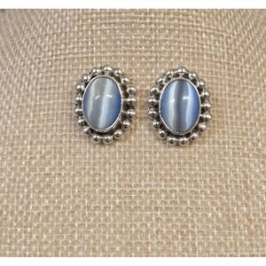 Vintage Taxco Sterling Silver Blue Cat's Eye Earrings Signed